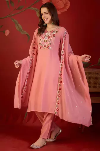 Peach heavy work kurta with pant & dupatta set