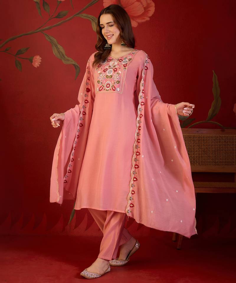 Peach heavy work kurta with pant & dupatta set