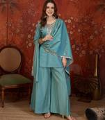 Teal blue embroidered kurta with palazzo & dupatta set