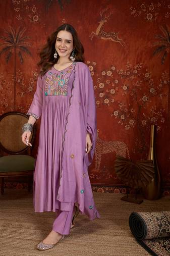 Purple heavy work kurta with pant & dupatta set