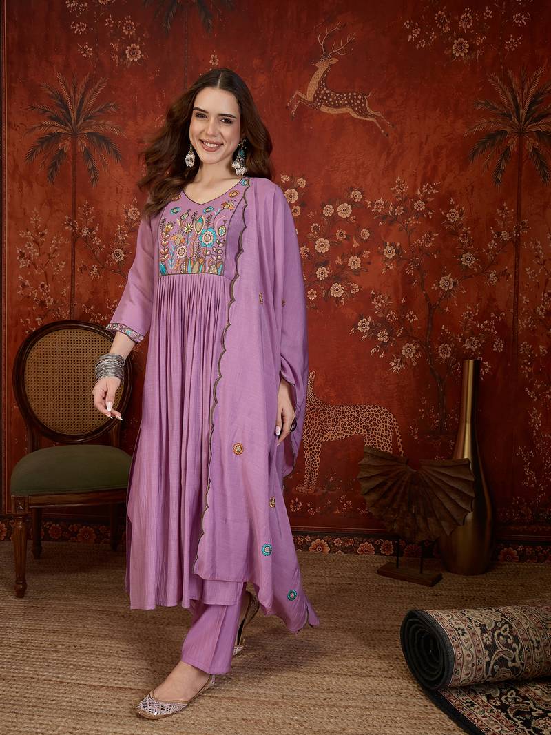 Purple heavy work kurta with pant & dupatta set