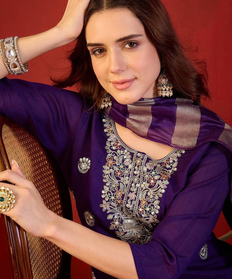 Deep purple embroidered kurta with sharara & jacquard dupatta