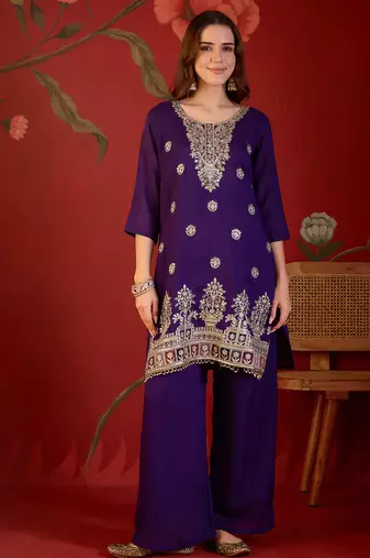 Deep purple embroidered kurta with sharara & jacquard dupatta