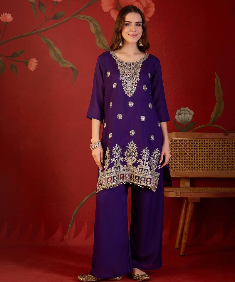 Deep purple embroidered kurta with sharara & jacquard dupatta
