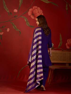 Deep purple embroidered kurta with sharara & jacquard dupatta 5