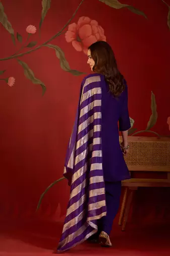 Deep purple embroidered kurta with sharara & jacquard dupatta