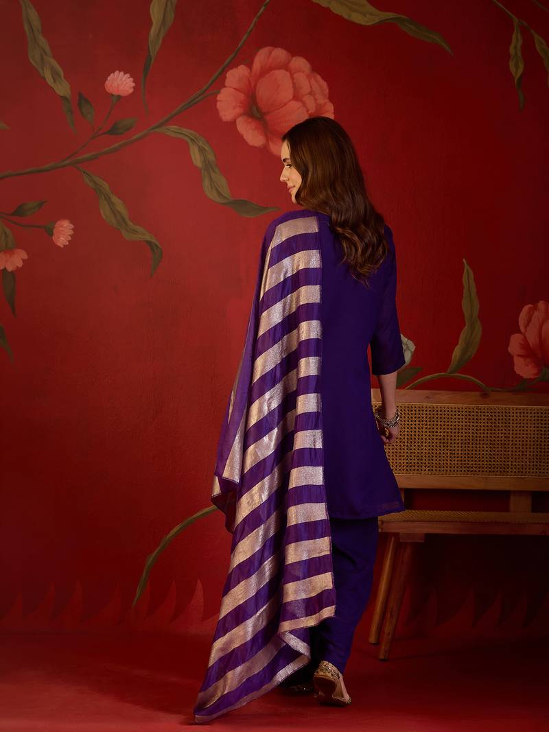 Deep purple embroidered kurta with sharara & jacquard dupatta