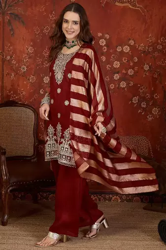 Maroon embroidered kurta with sharara & jacquard dupatta