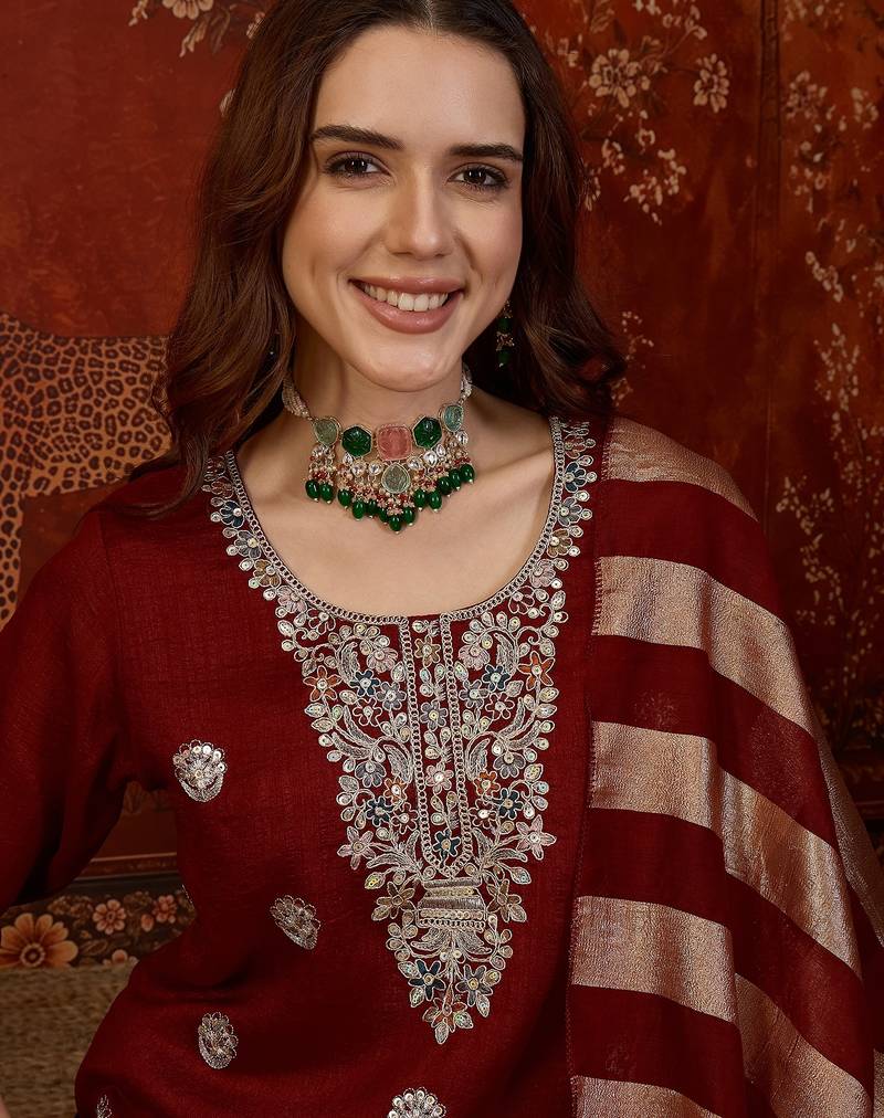 Maroon embroidered kurta with sharara & jacquard dupatta