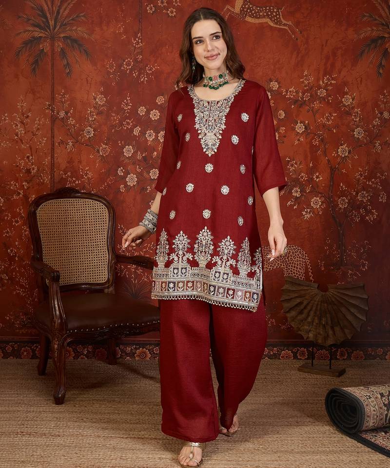 Maroon embroidered kurta with sharara & jacquard dupatta