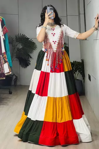 MULTI COLOR RAYON COTTON EMBROIDERY NAVRATRI TOP CHANIYA CHOLI- FULL STICHED FREE SIZE UP TO 42