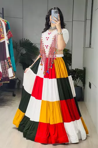 MULTI COLOR RAYON COTTON EMBROIDERY NAVRATRI TOP CHANIYA CHOLI- FULL STICHED FREE SIZE UP TO 42