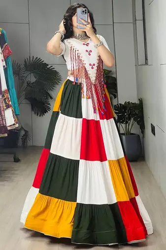 MULTI COLOR RAYON COTTON EMBROIDERY NAVRATRI TOP CHANIYA CHOLI- FULL STICHED FREE SIZE UP TO 42