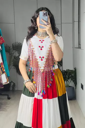 MULTI COLOR RAYON COTTON EMBROIDERY NAVRATRI TOP CHANIYA CHOLI- FULL STICHED FREE SIZE UP TO 42