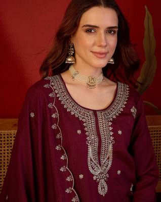 Wine embroidered kurta with farsi salwar & dupatta set 2