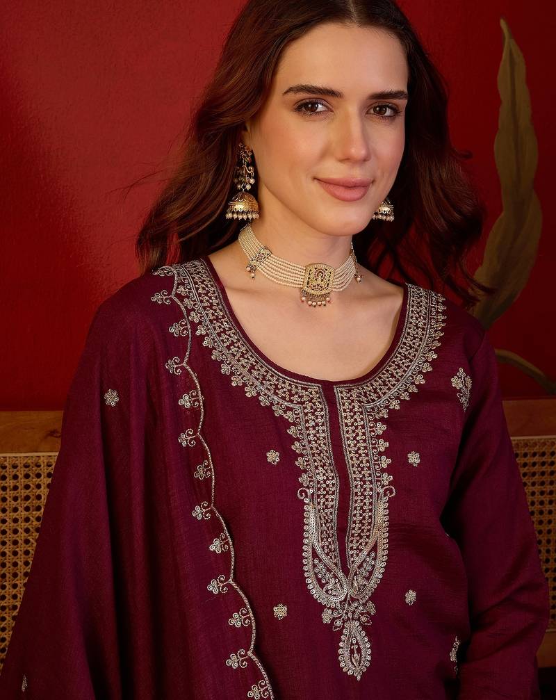 Wine embroidered kurta with farsi salwar & dupatta set