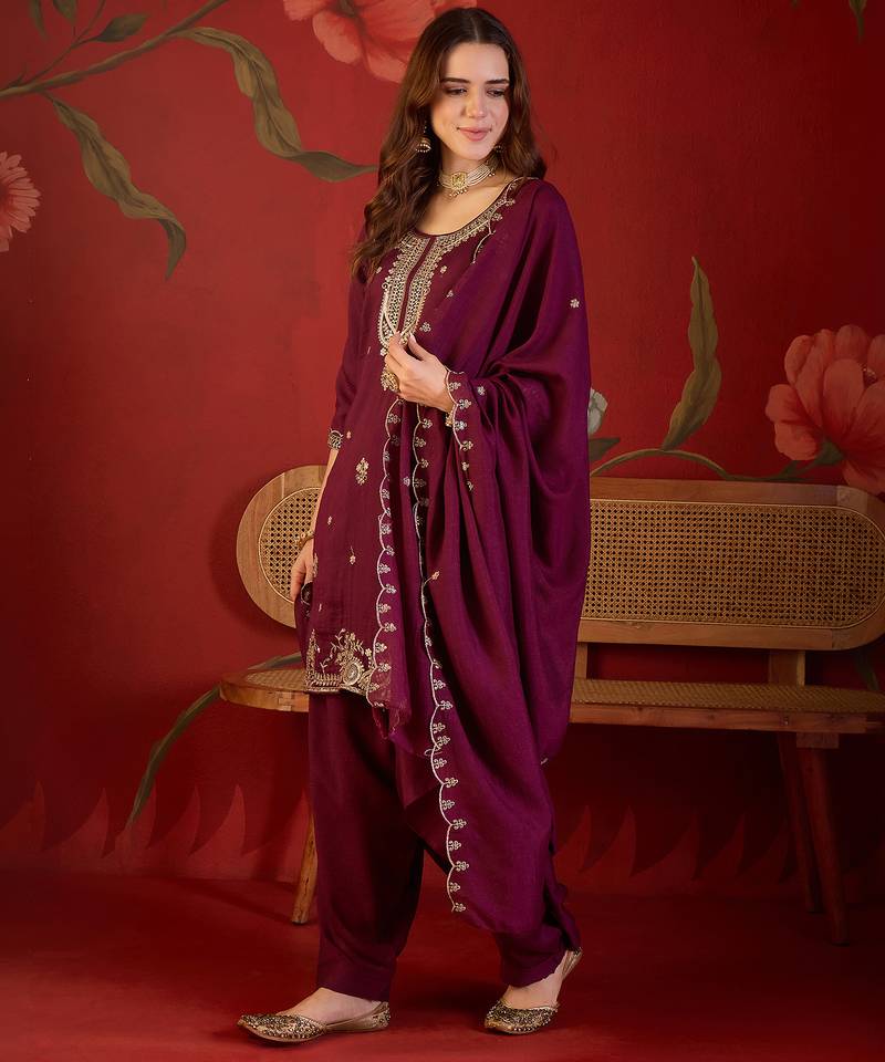 Wine embroidered kurta with farsi salwar & dupatta set