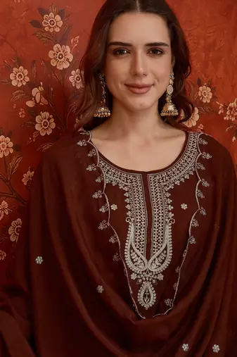 Brown embroidered kurta with farsi salwar & dupatta set