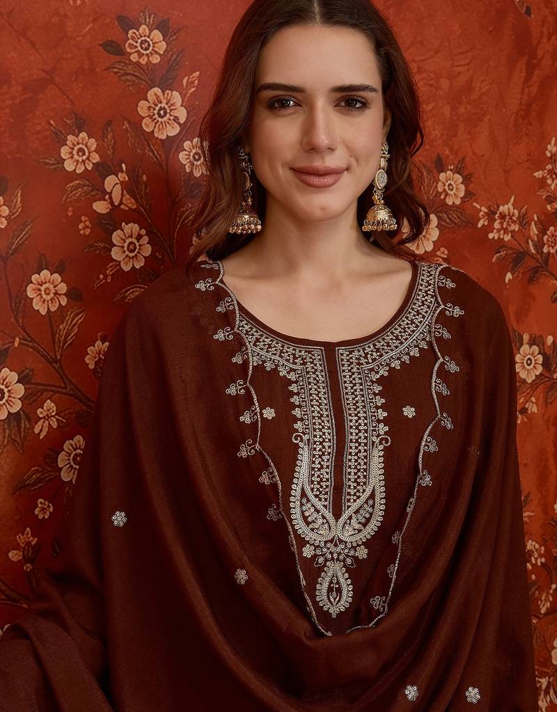 Brown embroidered kurta with farsi salwar & dupatta set
