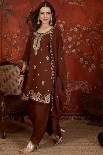 Brown embroidered kurta with farsi salwar & dupatta set