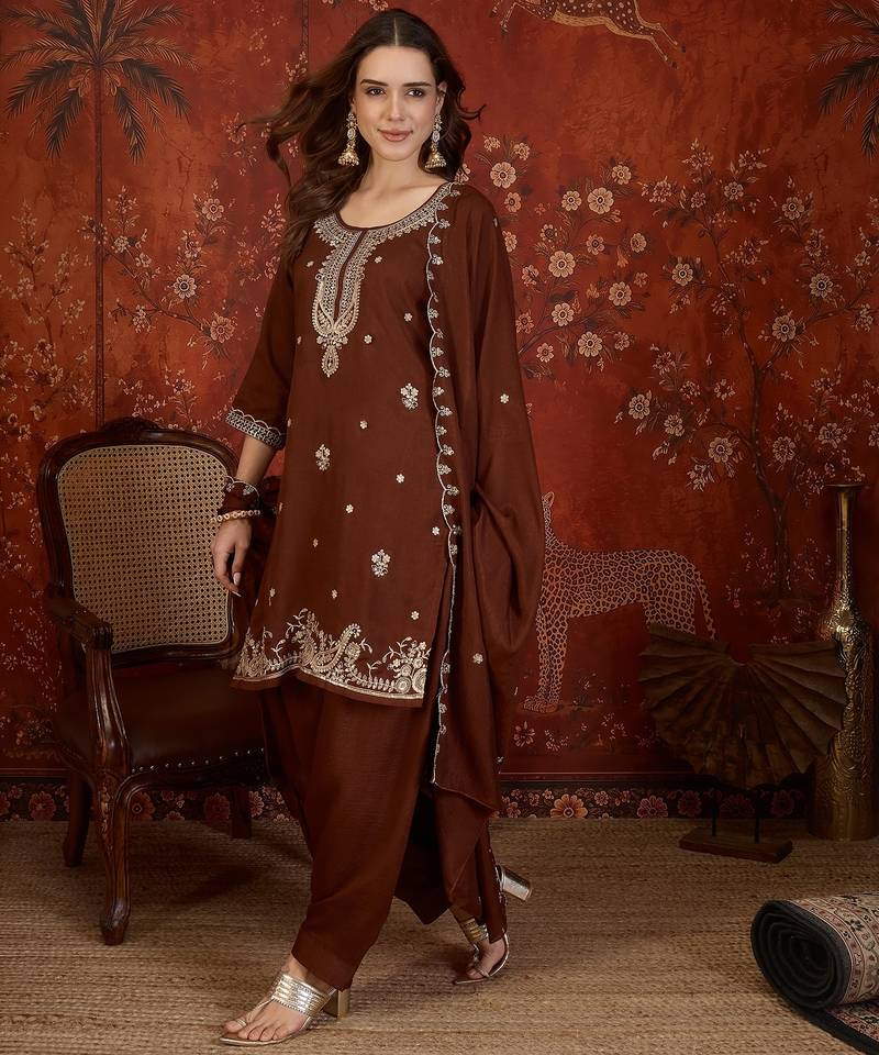 Brown embroidered kurta with farsi salwar & dupatta set