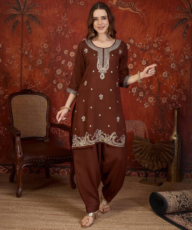 Brown embroidered kurta with farsi salwar & dupatta set