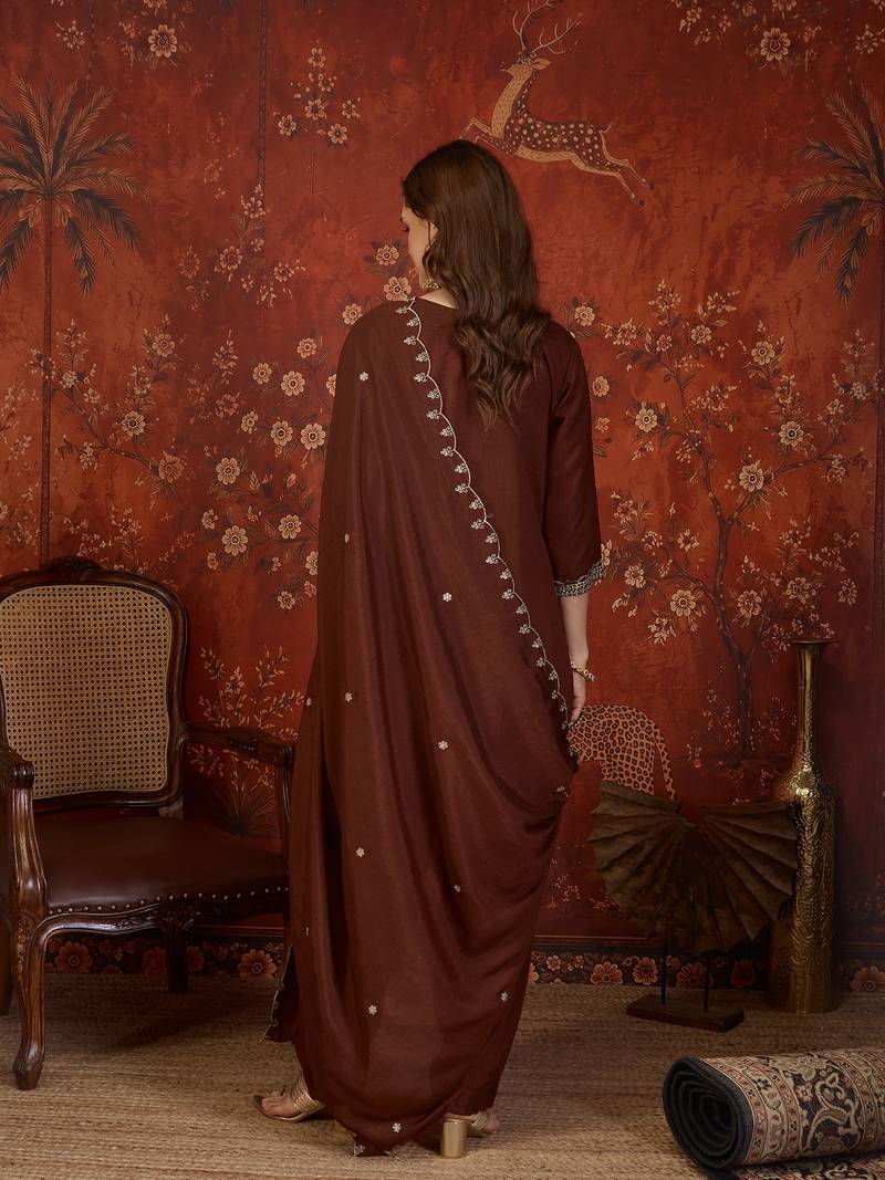 Brown embroidered kurta with farsi salwar & dupatta set