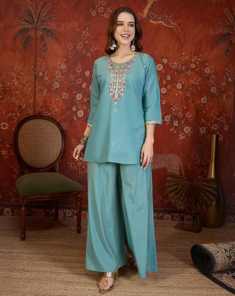 Teal blue embroidered kurta with palazzo & dupatta set