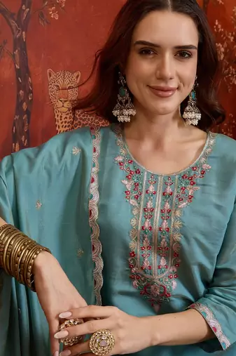 Teal blue embroidered kurta with palazzo & dupatta set