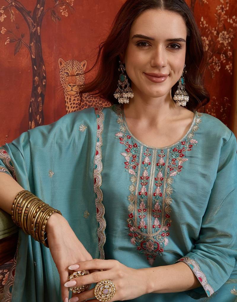 Teal blue embroidered kurta with palazzo & dupatta set