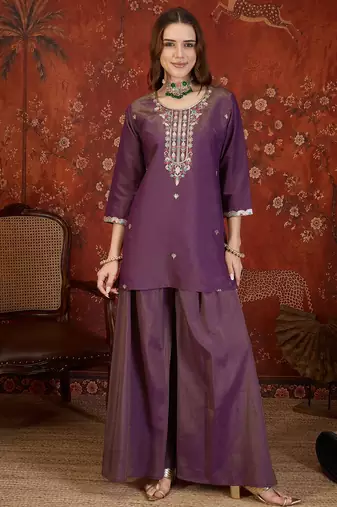 Purple embroidered kurta with palazzo & dupatta set