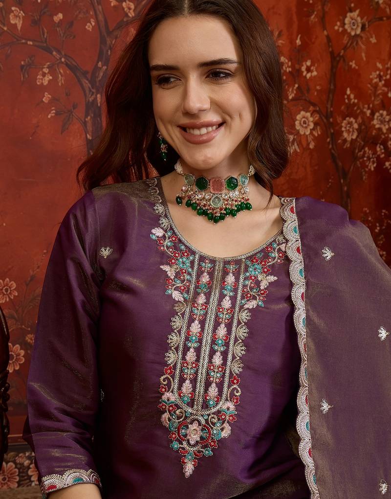 Purple embroidered kurta with palazzo & dupatta set