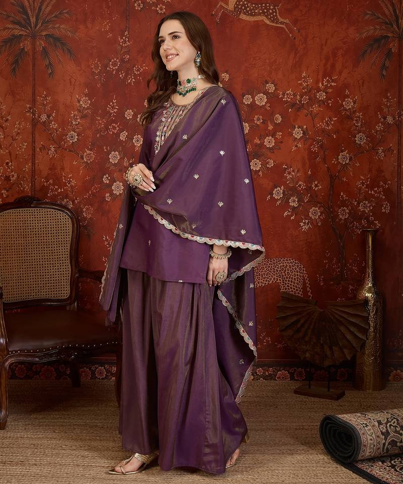 Purple embroidered kurta with palazzo & dupatta set