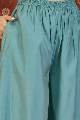 Teal blue embroidered kurta with palazzo & dupatta set