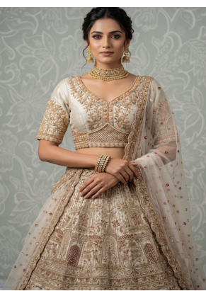 Light Cream Color Crystal Beads,Diamond,Sequins And Handwork Motif Work Silk_Blend Lehenga Choli 2