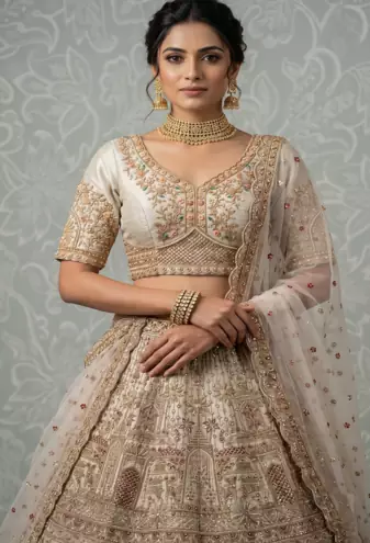 Light Cream Color Crystal Beads,Diamond,Sequins And Handwork Motif Work Silk_Blend Lehenga Choli