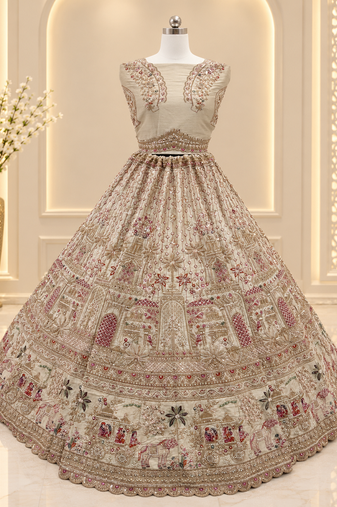 Light Cream Color Crystal Beads,Diamond,Sequins And Handwork Motif Work Silk_Blend Lehenga Choli