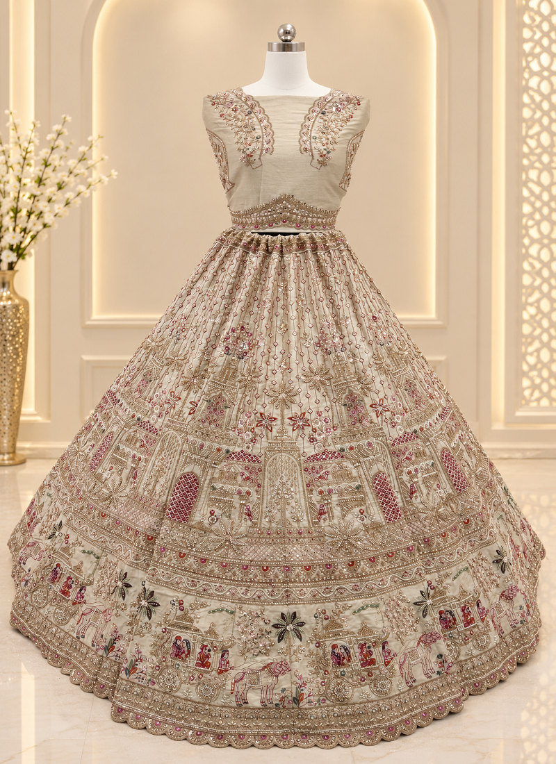 Light Cream Color Crystal Beads,Diamond,Sequins And Handwork Motif Work Silk_Blend Lehenga Choli