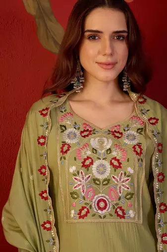 Sage green heavy work kurta with pant & dupatta set