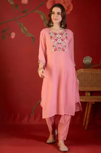 Peach heavy work kurta with pant & dupatta set
