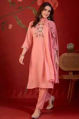 Peach heavy work kurta with pant & dupatta set