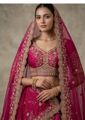 Rani Pink Color Crystal Beads,Diamond,Sequins And Handwork Motif Work Silk_Blend Lehenga Choli 2