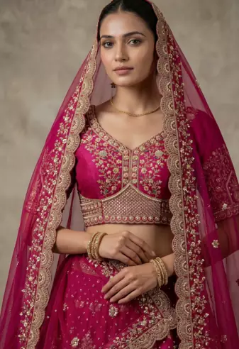 Rani Pink Color Crystal Beads,Diamond,Sequins And Handwork Motif Work Silk_Blend Lehenga Choli