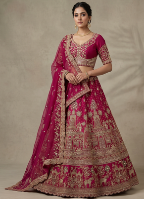 Rani Pink Color Crystal Beads,Diamond,Sequins And Handwork Motif Work Silk_Blend Lehenga Choli 1