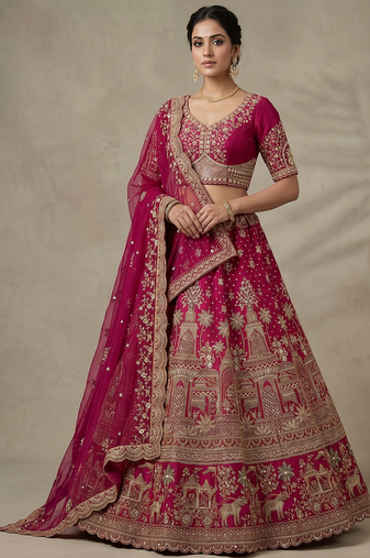 Rani Pink Color Crystal Beads,Diamond,Sequins And Handwork Motif Work Silk_Blend Lehenga Choli