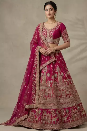 Rani Pink Color Crystal Beads,Diamond,Sequins And Handwork Motif Work Silk_Blend Lehenga Choli