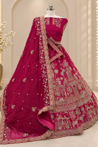 Rani Pink Color Crystal Beads,Diamond,Sequins And Handwork Motif Work Silk_Blend Lehenga Choli