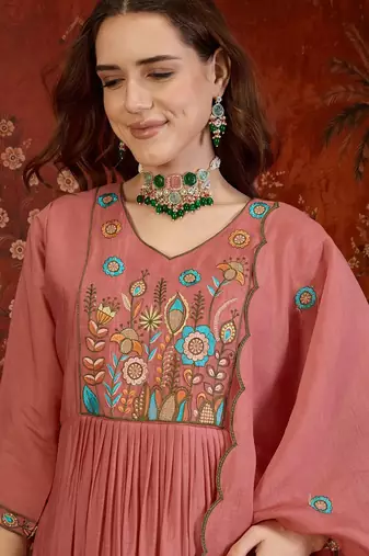 Dusty rose heavy work kurta with pant & dupatta set