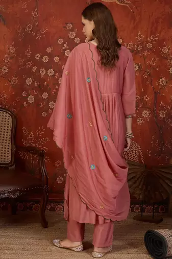Dusty rose heavy work kurta with pant & dupatta set