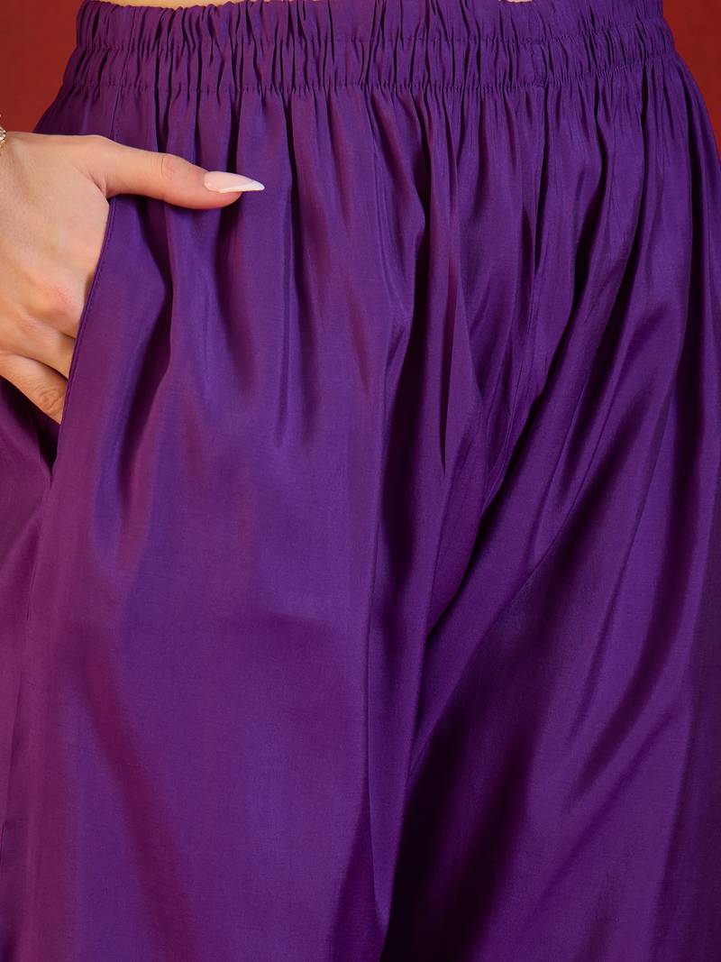 Purple hand-worked kurta with pant & jacquard dupatta set